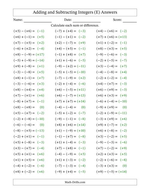 The Integer Addition and Subtraction with Parentheses around all Integers (Range -9 to 9) (E) Math Worksheet Page 2