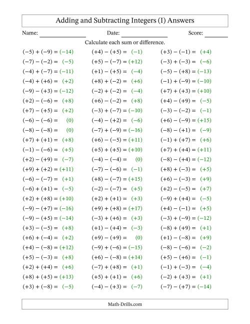 The Adding and Subtracting Mixed Integers from -9 to 9 (75 Questions; All Parentheses) (I) Math Worksheet Page 2