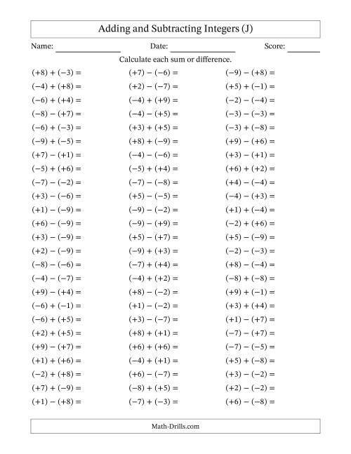 The Integer Addition and Subtraction with Parentheses around all Integers (Range -9 to 9) (J) Math Worksheet