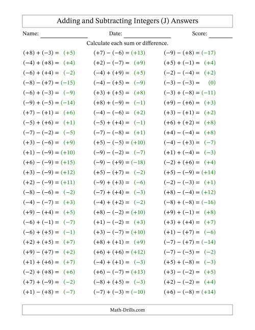 The Adding and Subtracting Mixed Integers from -9 to 9 (75 Questions; All Parentheses) (J) Math Worksheet Page 2