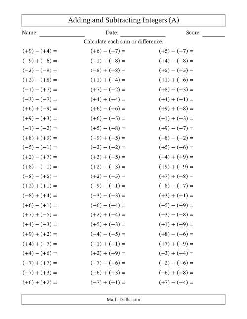 The Integer Addition and Subtraction with Parentheses around all Integers (Range -9 to 9) (All) Math Worksheet