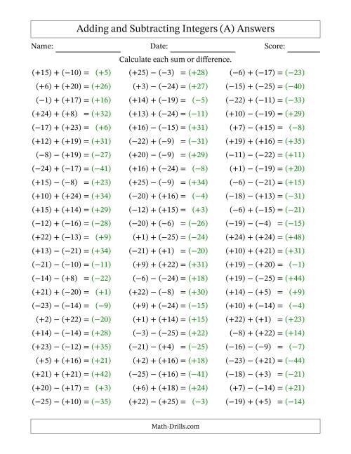 The Integer Addition and Subtraction with Parentheses around all Integers (Range -25 to 25) (A) Math Worksheet Page 2
