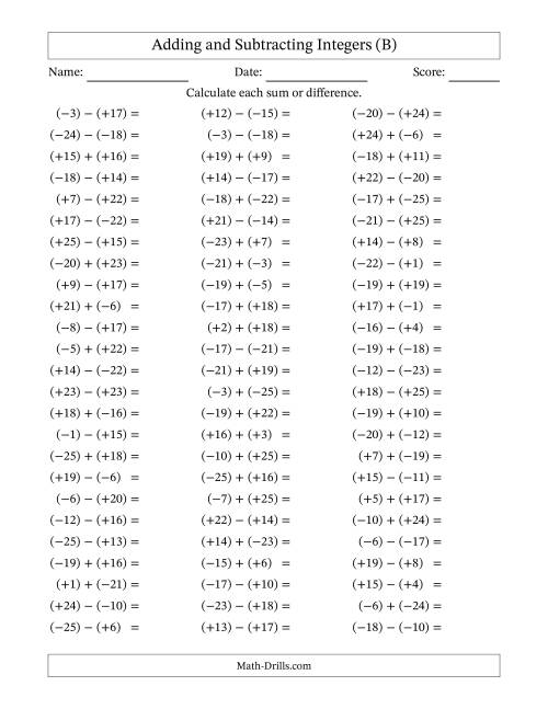 The Adding and Subtracting Mixed Integers from -25 to 25 (75 Questions; All Parentheses) (B) Math Worksheet