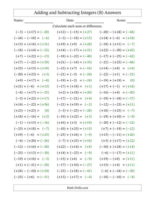 The Adding and Subtracting Mixed Integers from -25 to 25 (75 Questions; All Parentheses) (B) Math Worksheet Page 2