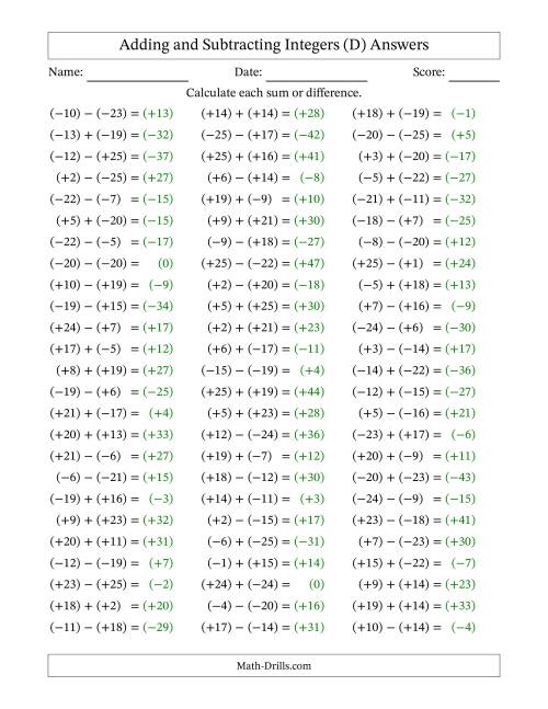 The Adding and Subtracting Mixed Integers from -25 to 25 (75 Questions; All Parentheses) (D) Math Worksheet Page 2