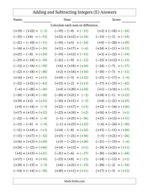 The Adding and Subtracting Mixed Integers from -25 to 25 (75 Questions; All Parentheses) (E) Math Worksheet Page 2