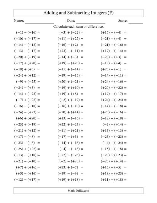 The Adding and Subtracting Mixed Integers from -25 to 25 (75 Questions; All Parentheses) (F) Math Worksheet