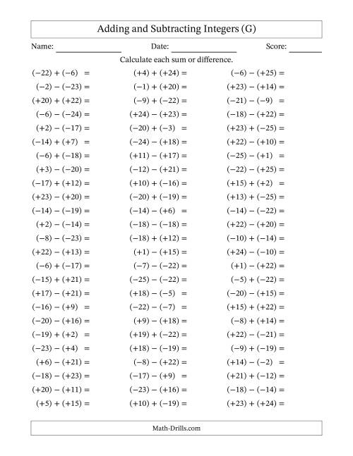 The Adding and Subtracting Mixed Integers from -25 to 25 (75 Questions; All Parentheses) (G) Math Worksheet