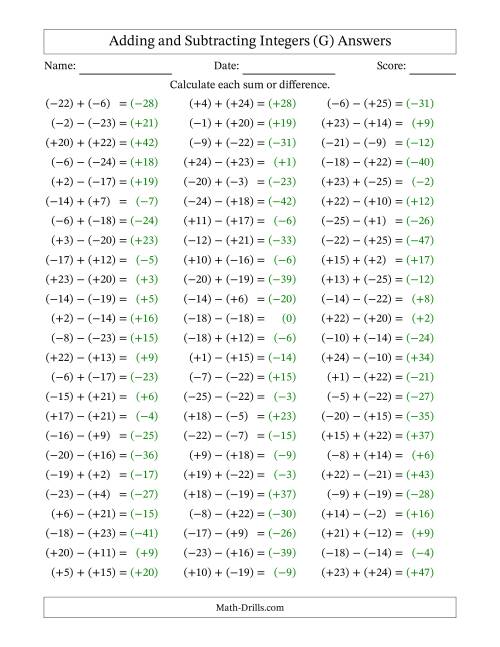The Adding and Subtracting Mixed Integers from -25 to 25 (75 Questions; All Parentheses) (G) Math Worksheet Page 2