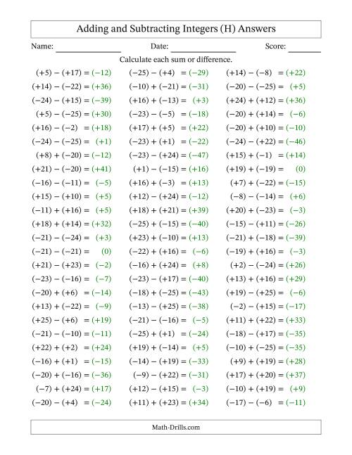 The Adding and Subtracting Mixed Integers from -25 to 25 (75 Questions; All Parentheses) (H) Math Worksheet Page 2