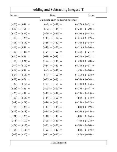 The Adding and Subtracting Mixed Integers from -25 to 25 (75 Questions; All Parentheses) (I) Math Worksheet