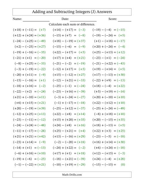 The Adding and Subtracting Mixed Integers from -25 to 25 (75 Questions; All Parentheses) (J) Math Worksheet Page 2