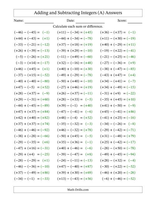 The Integer Addition and Subtraction with Parentheses around all Integers (Range -50 to 50) (A) Math Worksheet Page 2