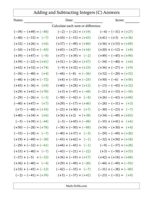 The Adding and Subtracting Mixed Integers from -50 to 50 (75 Questions; All Parentheses) (C) Math Worksheet Page 2