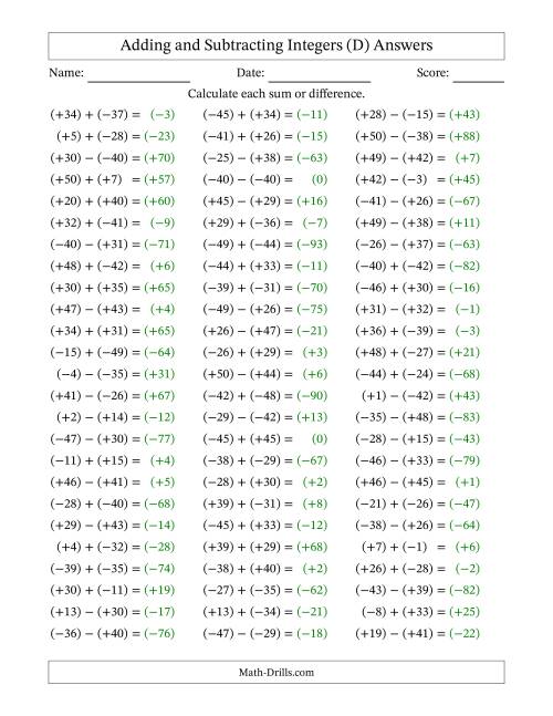 The Adding and Subtracting Mixed Integers from -50 to 50 (75 Questions; All Parentheses) (D) Math Worksheet Page 2