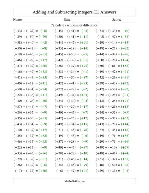 The Adding and Subtracting Mixed Integers from -50 to 50 (75 Questions; All Parentheses) (E) Math Worksheet Page 2
