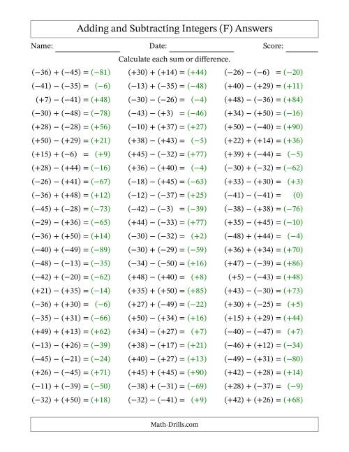 The Adding and Subtracting Mixed Integers from -50 to 50 (75 Questions; All Parentheses) (F) Math Worksheet Page 2