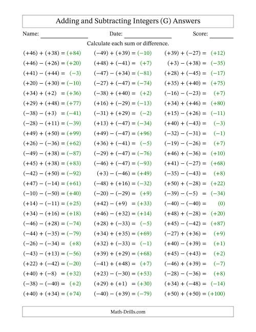 The Adding and Subtracting Mixed Integers from -50 to 50 (75 Questions; All Parentheses) (G) Math Worksheet Page 2