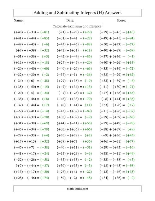 The Adding and Subtracting Mixed Integers from -50 to 50 (75 Questions; All Parentheses) (H) Math Worksheet Page 2