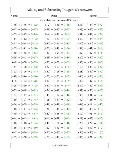 The Adding and Subtracting Mixed Integers from -50 to 50 (75 Questions; All Parentheses) (J) Math Worksheet Page 2