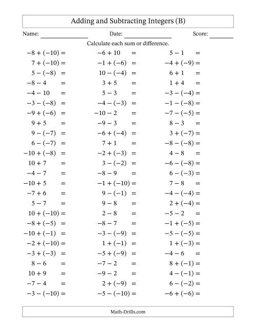 The Adding and Subtracting Mixed Integers from -10 to 10 (75 Questions) (B) Math Worksheet