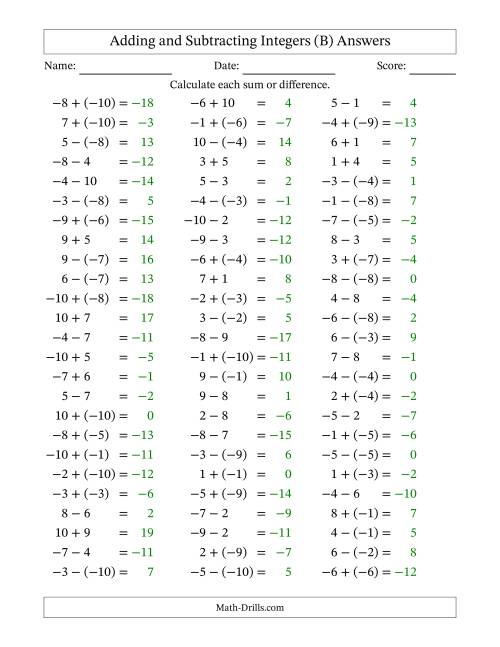 The Adding and Subtracting Mixed Integers from -10 to 10 (75 Questions) (B) Math Worksheet Page 2