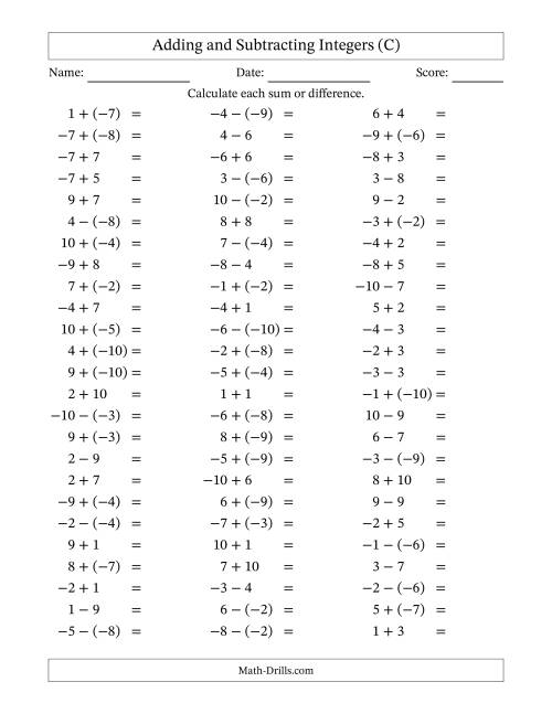 The Adding and Subtracting Mixed Integers from -10 to 10 (75 Questions) (C) Math Worksheet