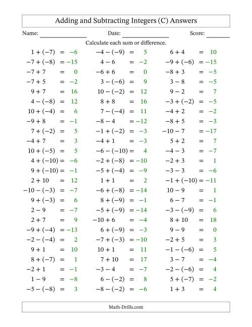 The Adding and Subtracting Mixed Integers from -10 to 10 (75 Questions) (C) Math Worksheet Page 2