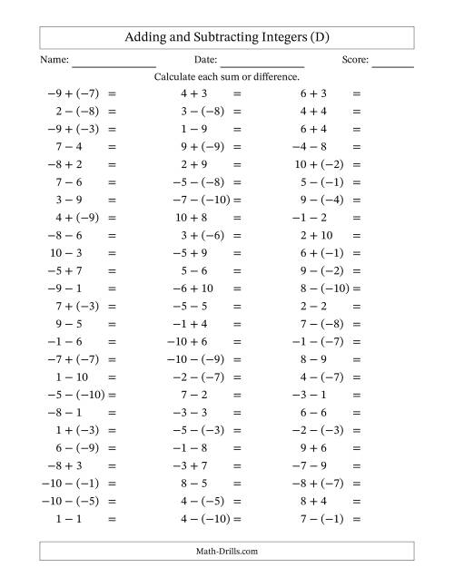The Adding and Subtracting Mixed Integers from -10 to 10 (75 Questions) (D) Math Worksheet