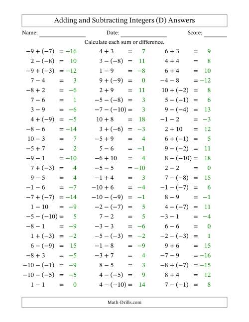 The Adding and Subtracting Mixed Integers from -10 to 10 (75 Questions) (D) Math Worksheet Page 2