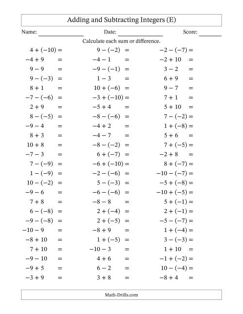 The Adding and Subtracting Mixed Integers from -10 to 10 (75 Questions) (E) Math Worksheet