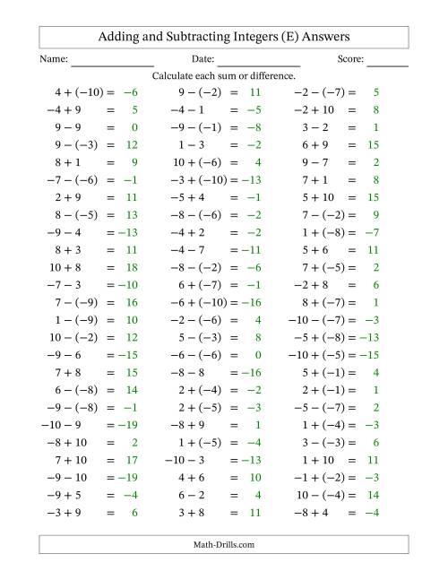 The Adding and Subtracting Mixed Integers from -10 to 10 (75 Questions) (E) Math Worksheet Page 2
