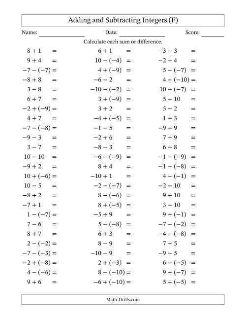 The Adding and Subtracting Mixed Integers from -10 to 10 (75 Questions) (F) Math Worksheet