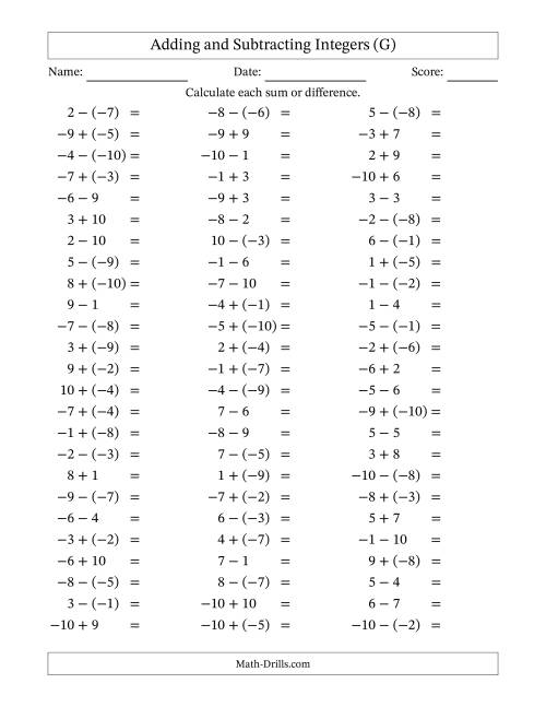 The Adding and Subtracting Mixed Integers from -10 to 10 (75 Questions) (G) Math Worksheet