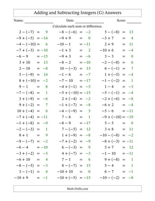 The Adding and Subtracting Mixed Integers from -10 to 10 (75 Questions) (G) Math Worksheet Page 2