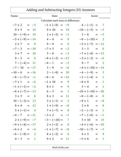 The Adding and Subtracting Mixed Integers from -10 to 10 (75 Questions) (H) Math Worksheet Page 2