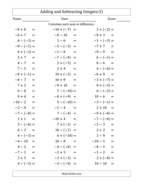 The Adding and Subtracting Mixed Integers from -10 to 10 (75 Questions) (I) Math Worksheet