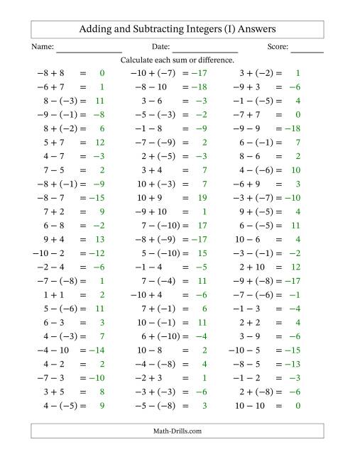 The Adding and Subtracting Mixed Integers from -10 to 10 (75 Questions) (I) Math Worksheet Page 2