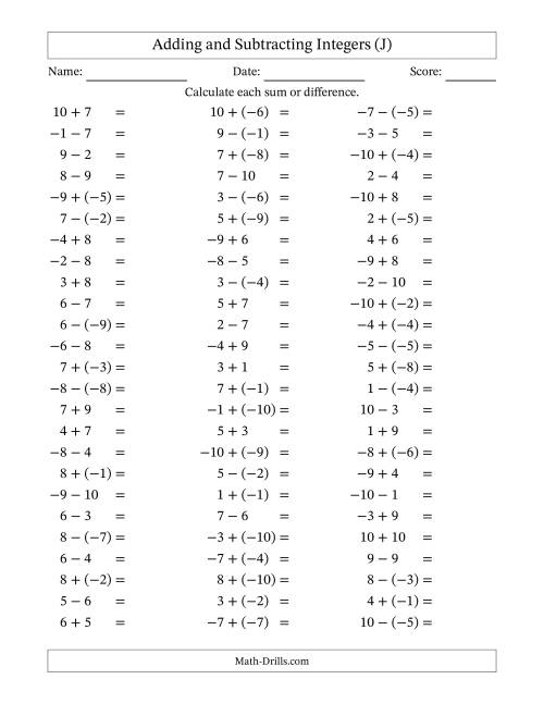 The Adding and Subtracting Mixed Integers from -10 to 10 (75 Questions) (J) Math Worksheet