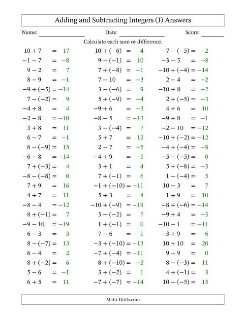 The Adding and Subtracting Mixed Integers from -10 to 10 (75 Questions) (J) Math Worksheet Page 2