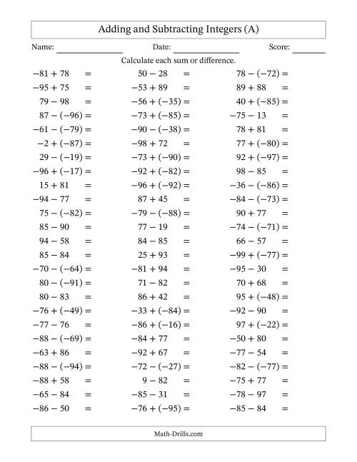 The Integer Addition and Subtraction (Range -99 to 99) (A) Math Worksheet