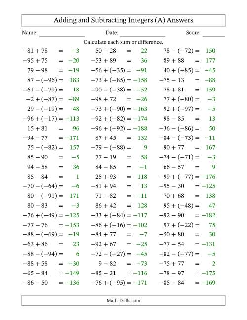 The Integer Addition and Subtraction (Range -99 to 99) (A) Math Worksheet Page 2