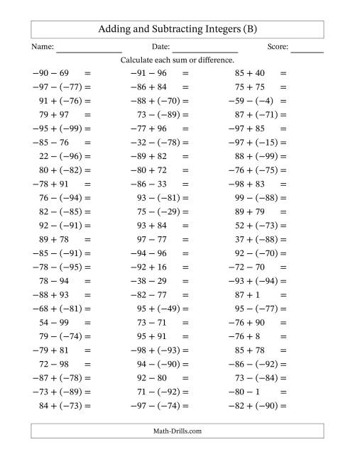 The Adding and Subtracting Mixed Integers from -99 to 99 (75 Questions) (B) Math Worksheet
