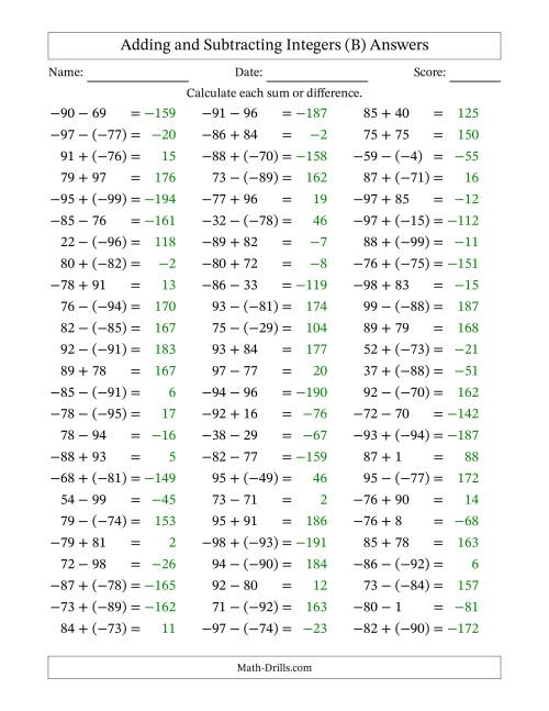 The Adding and Subtracting Mixed Integers from -99 to 99 (75 Questions) (B) Math Worksheet Page 2