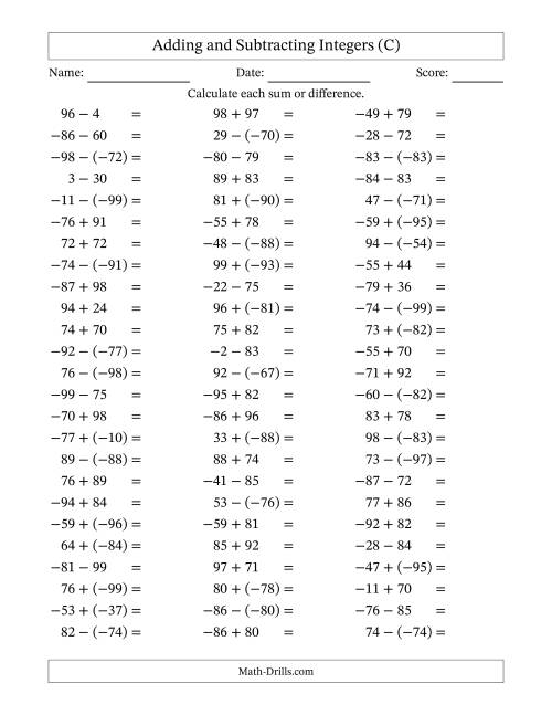 The Integer Addition and Subtraction (Range -99 to 99) (C) Math Worksheet