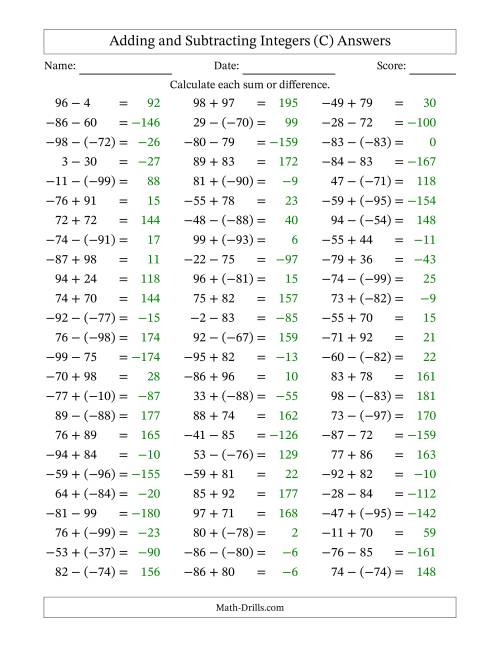 The Adding and Subtracting Mixed Integers from -99 to 99 (75 Questions) (C) Math Worksheet Page 2