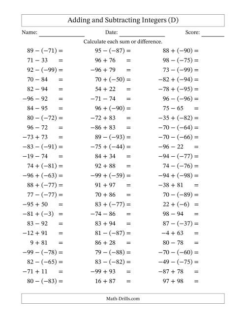 The Integer Addition and Subtraction (Range -99 to 99) (D) Math Worksheet