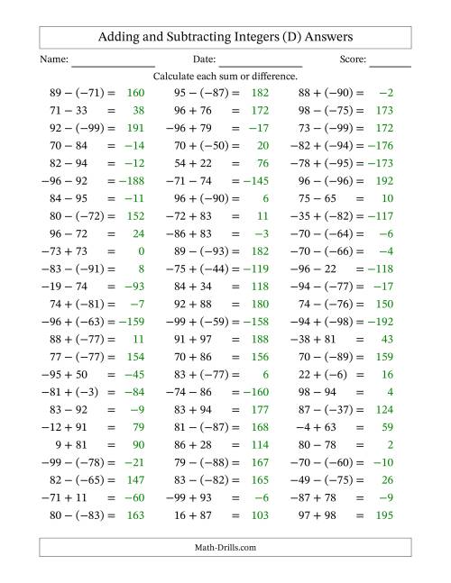 The Adding and Subtracting Mixed Integers from -99 to 99 (75 Questions) (D) Math Worksheet Page 2