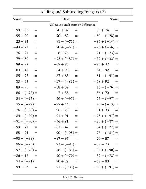 The Adding and Subtracting Mixed Integers from -99 to 99 (75 Questions) (E) Math Worksheet