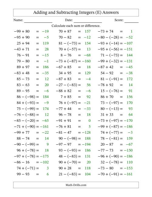 The Integer Addition and Subtraction (Range -99 to 99) (E) Math Worksheet Page 2
